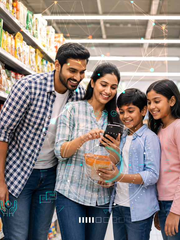 Family using TruthIn App in grocery retail environment